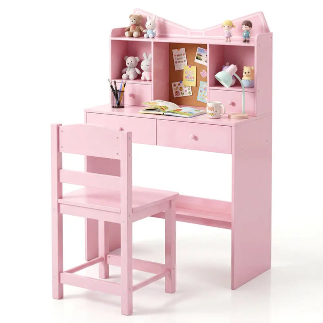Kids Study Desk and Chair Set Student Writing Table with Chair Open Shelves Cork Bulletin Board-Pink - Pink - Kids