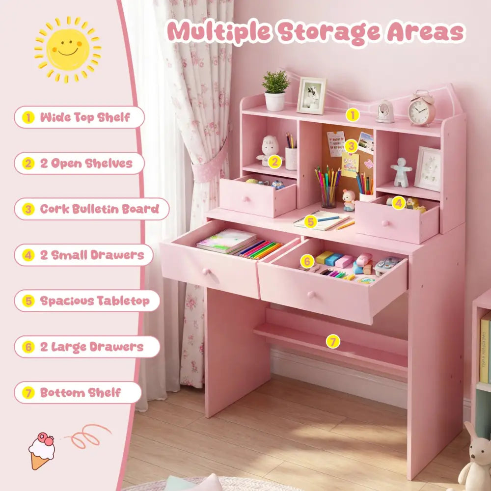 Kids Study Desk and Chair Set Student Writing Table with Chair Open Shelves Cork Bulletin Board-Pink - Pink - Kids