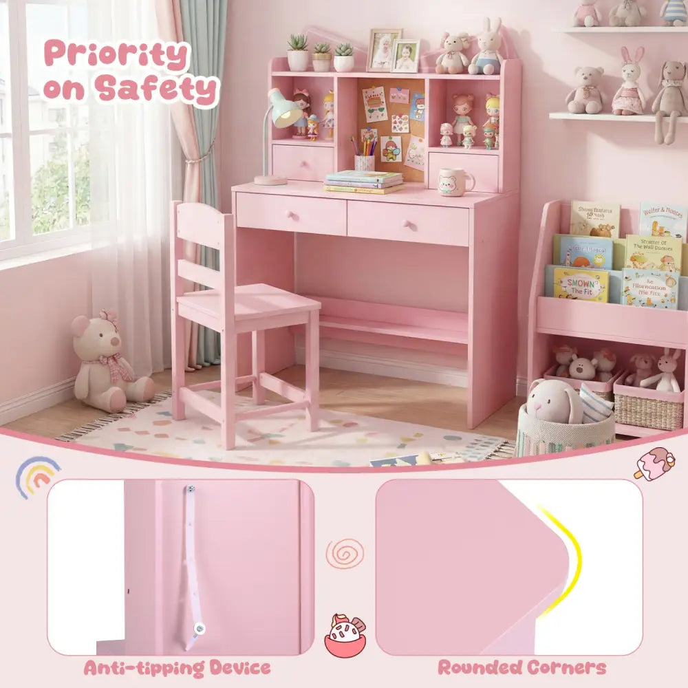 Kids Study Desk and Chair Set Student Writing Table with Chair Open Shelves Cork Bulletin Board-Pink - Pink - Kids