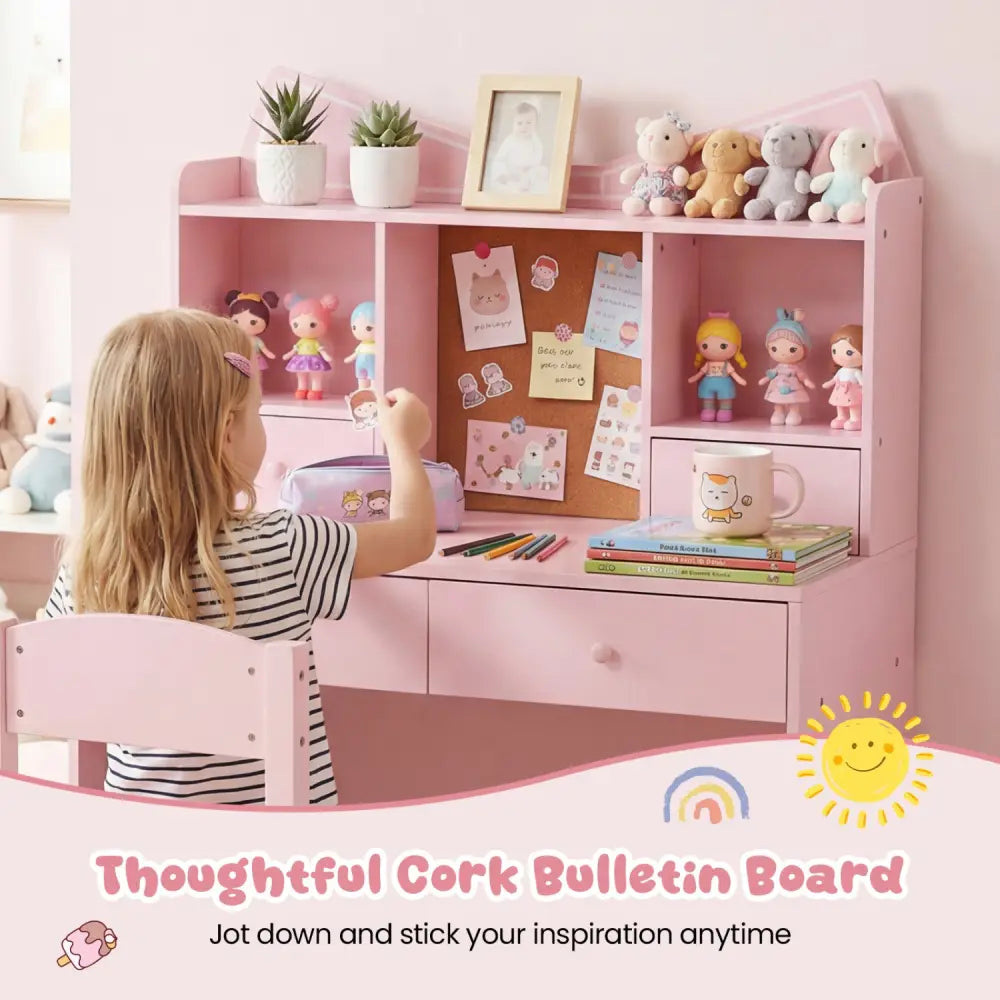 Kids Study Desk and Chair Set Student Writing Table with Chair Open Shelves Cork Bulletin Board-Pink - Pink - Kids