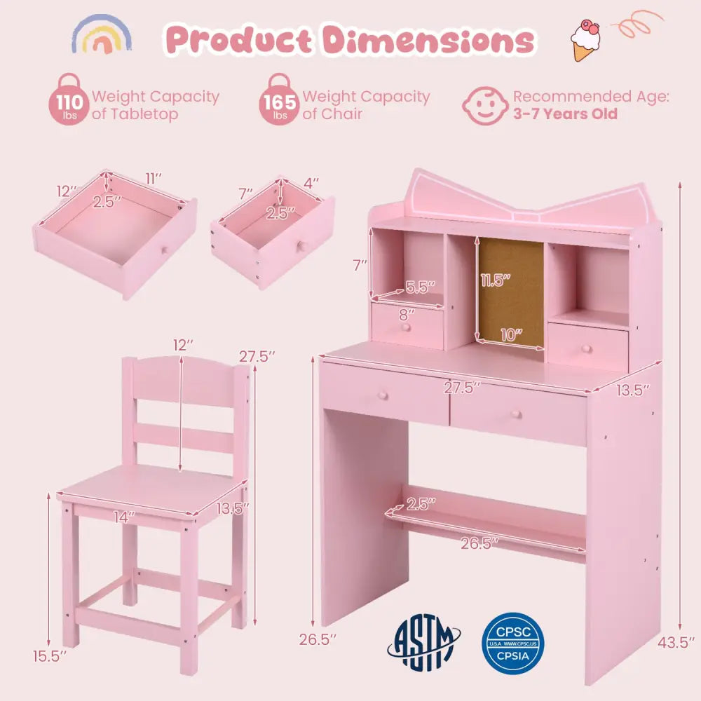 Kids Study Desk and Chair Set Student Writing Table with Chair Open Shelves Cork Bulletin Board-Pink - Pink - Kids