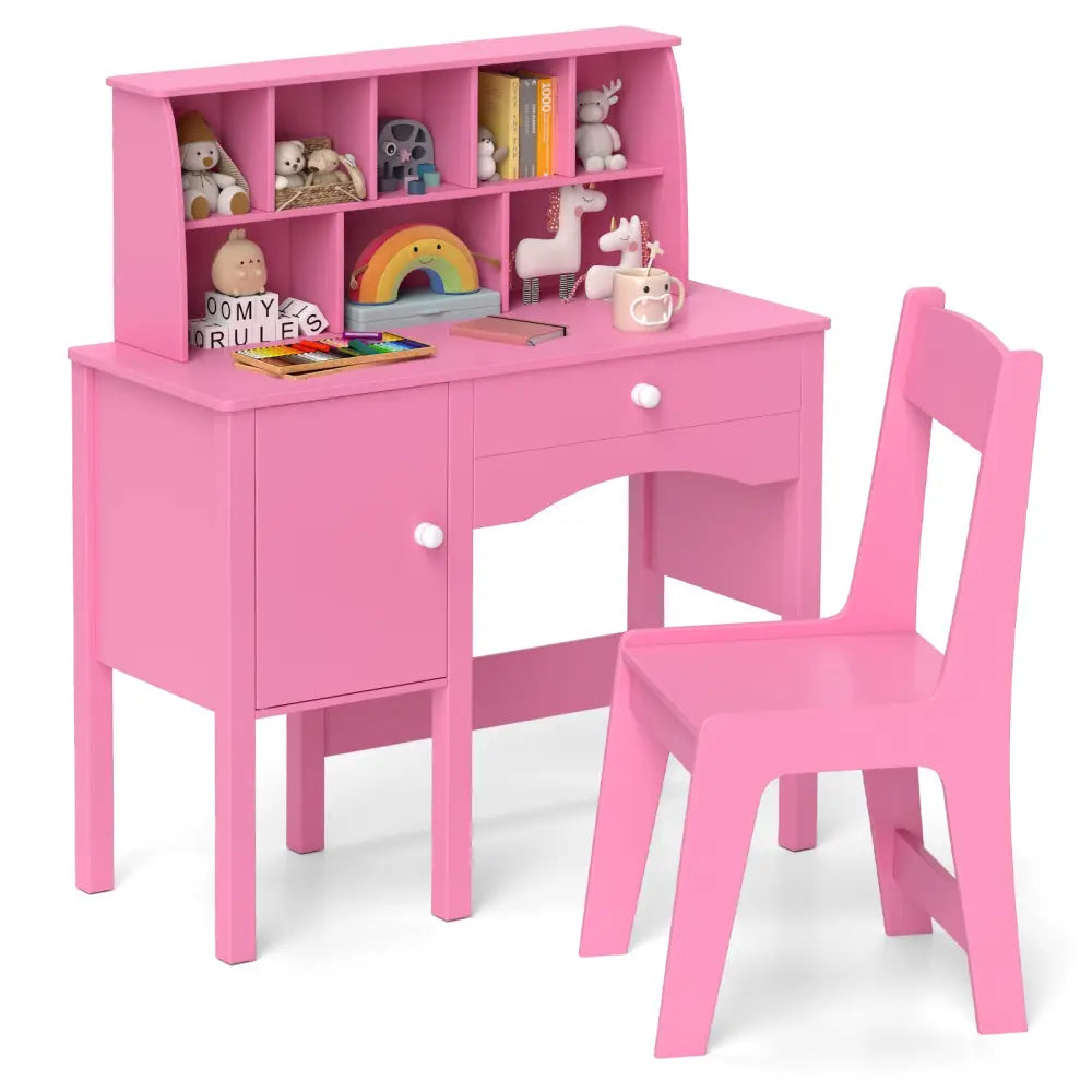 Kids Study Desk and Chair Set with Chair Hutch and Storage Cabinet for 3+ Years Old-Pink - Pink - Kids Vanities
