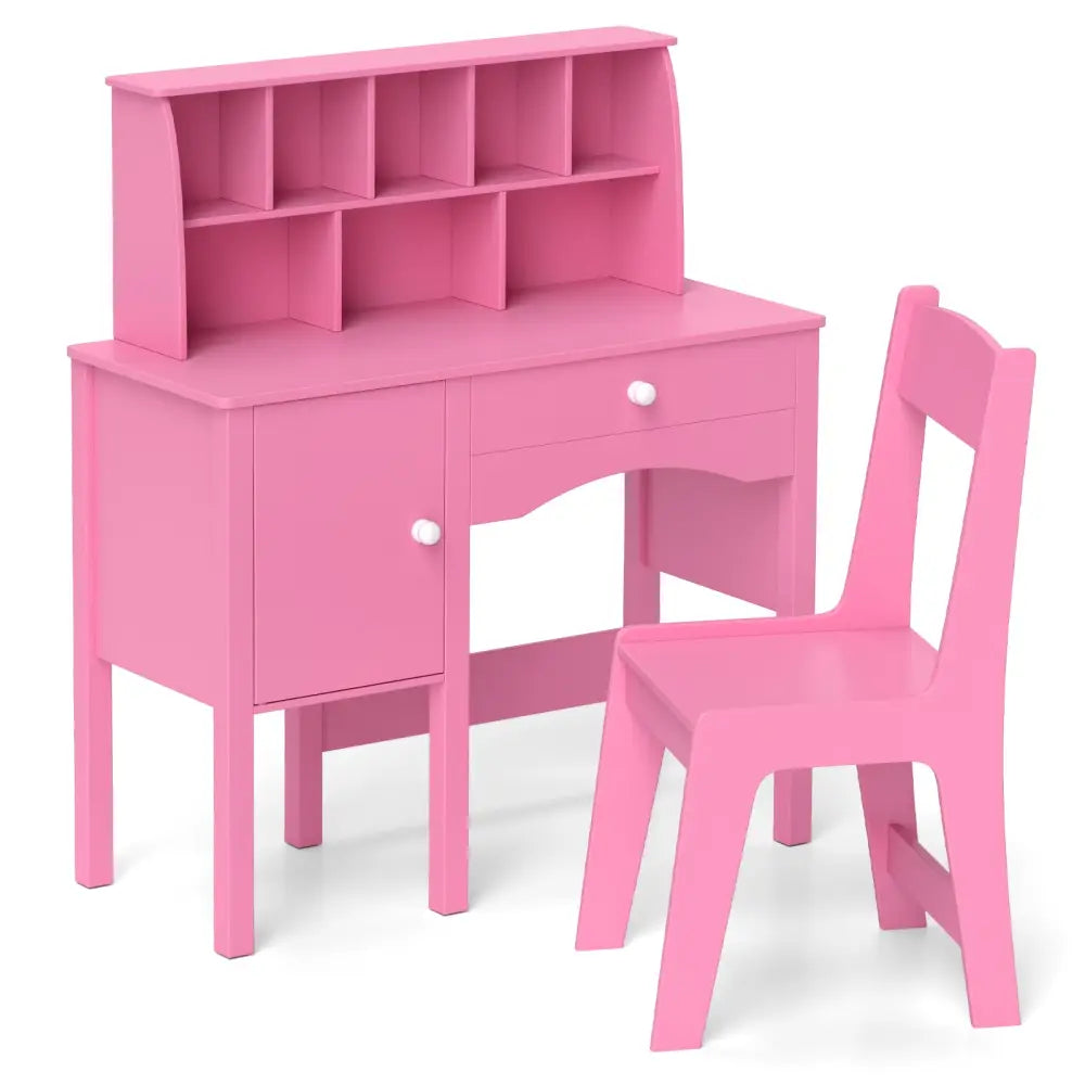 Kids Study Desk and Chair Set with Chair Hutch and Storage Cabinet for 3+ Years Old-Pink - Pink - Kids Vanities