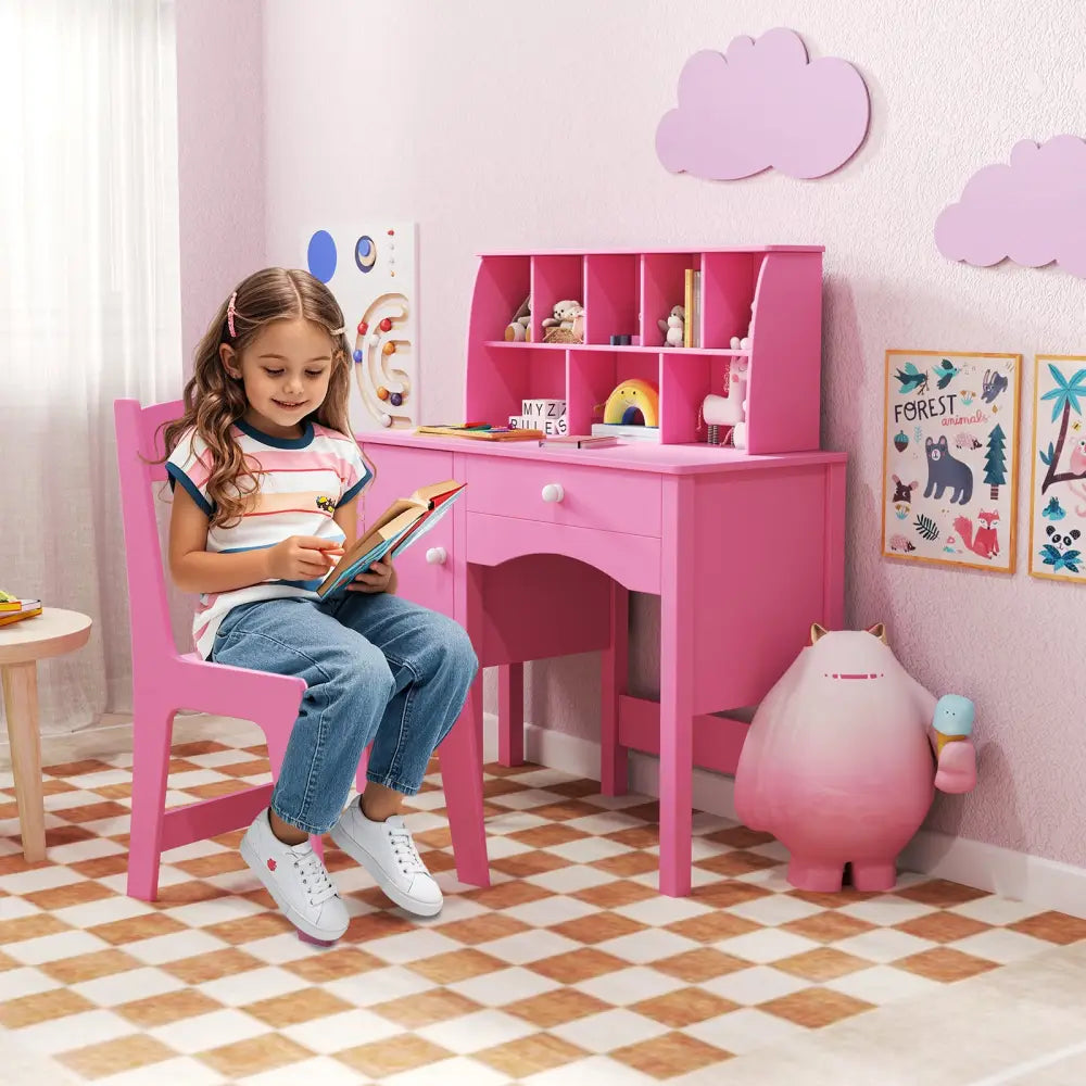 Kids Study Desk and Chair Set with Chair Hutch and Storage Cabinet for 3+ Years Old-Pink - Pink - Kids Vanities