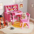 Kids Study Desk and Chair Set with Chair Hutch and Storage Cabinet for 3+ Years Old-Pink - Pink - Kids Vanities