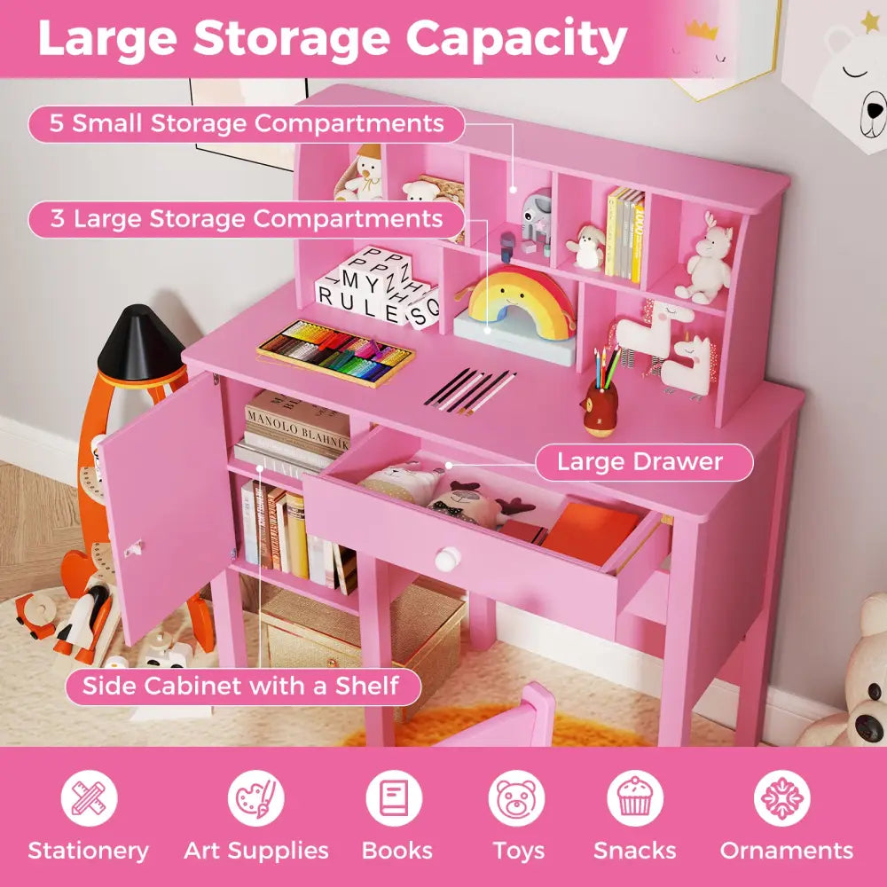 Kids Study Desk and Chair Set with Chair Hutch and Storage Cabinet for 3+ Years Old-Pink - Pink - Kids Vanities