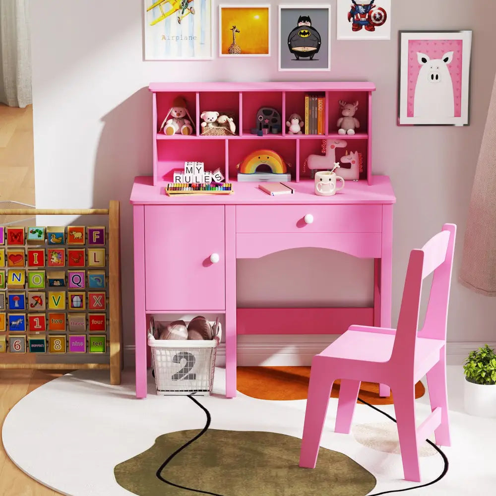 Kids Study Desk and Chair Set with Chair Hutch and Storage Cabinet for 3+ Years Old-Pink - Pink - Kids Vanities