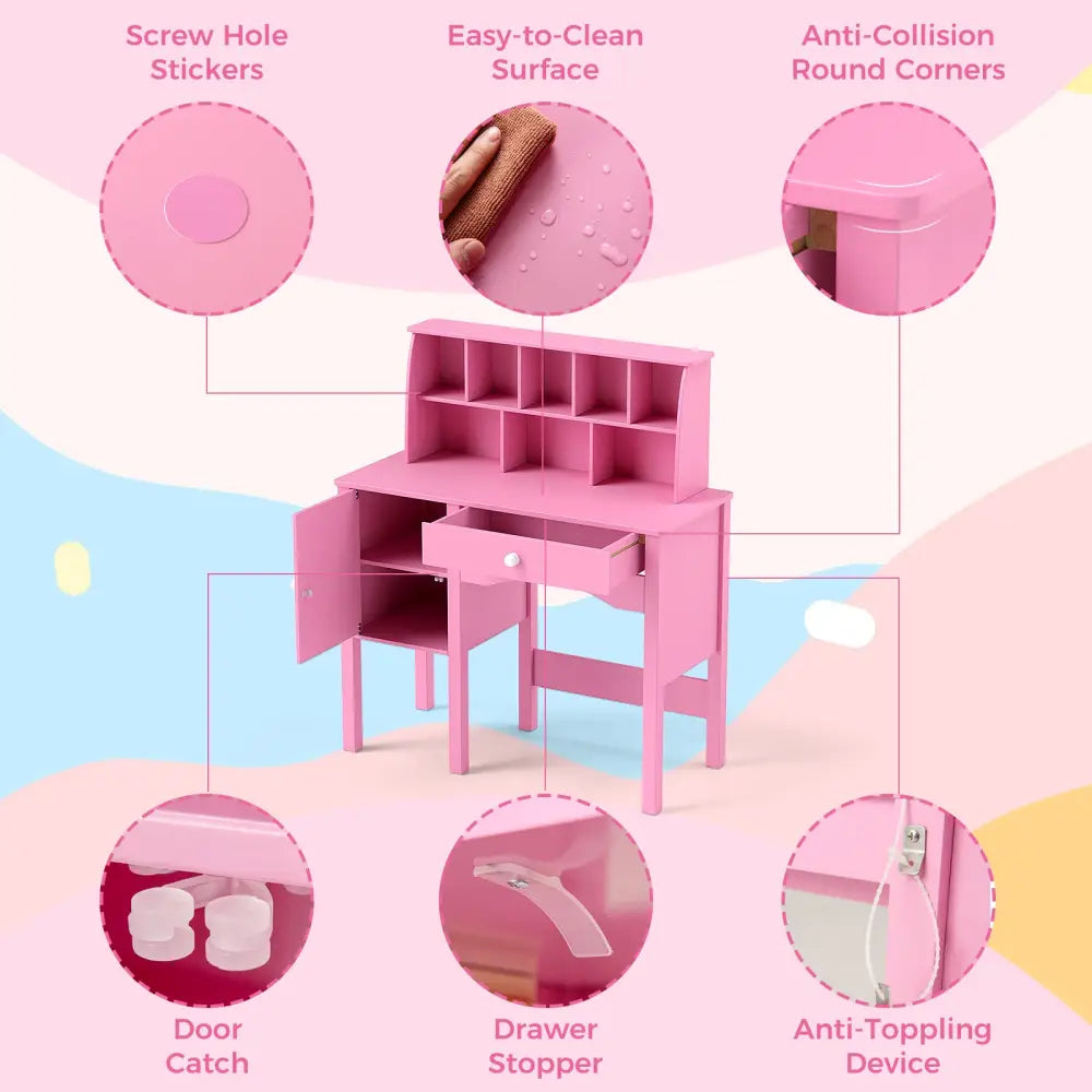 Kids Study Desk and Chair Set with Chair Hutch and Storage Cabinet for 3+ Years Old-Pink - Pink - Kids Vanities