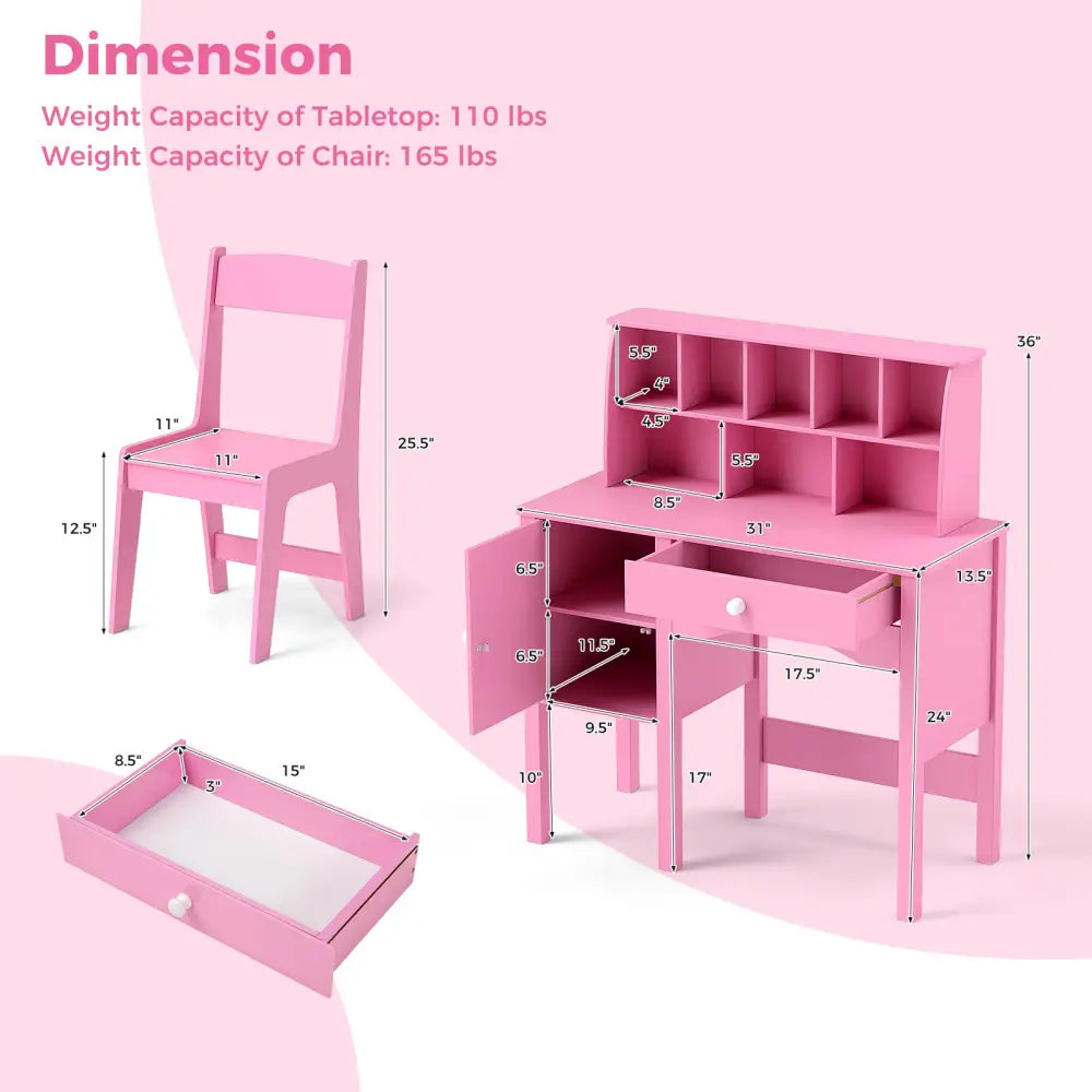 Kids Study Desk and Chair Set with Chair Hutch and Storage Cabinet for 3+ Years Old-Pink - Pink - Kids Vanities