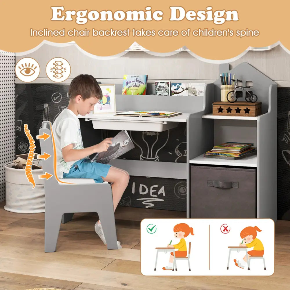 Kids Study Desk and Chair Set with Open Shelves Drawer and Fabric Storage Bin-Gray - Gray - Kids Table & Chair Sets