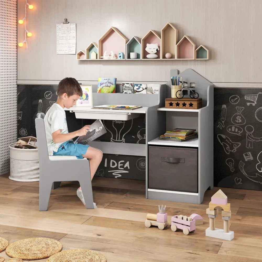 Kids Study Desk and Chair Set with Open Shelves Drawer and Fabric Storage Bin-Gray - Gray - Kids Table & Chair Sets