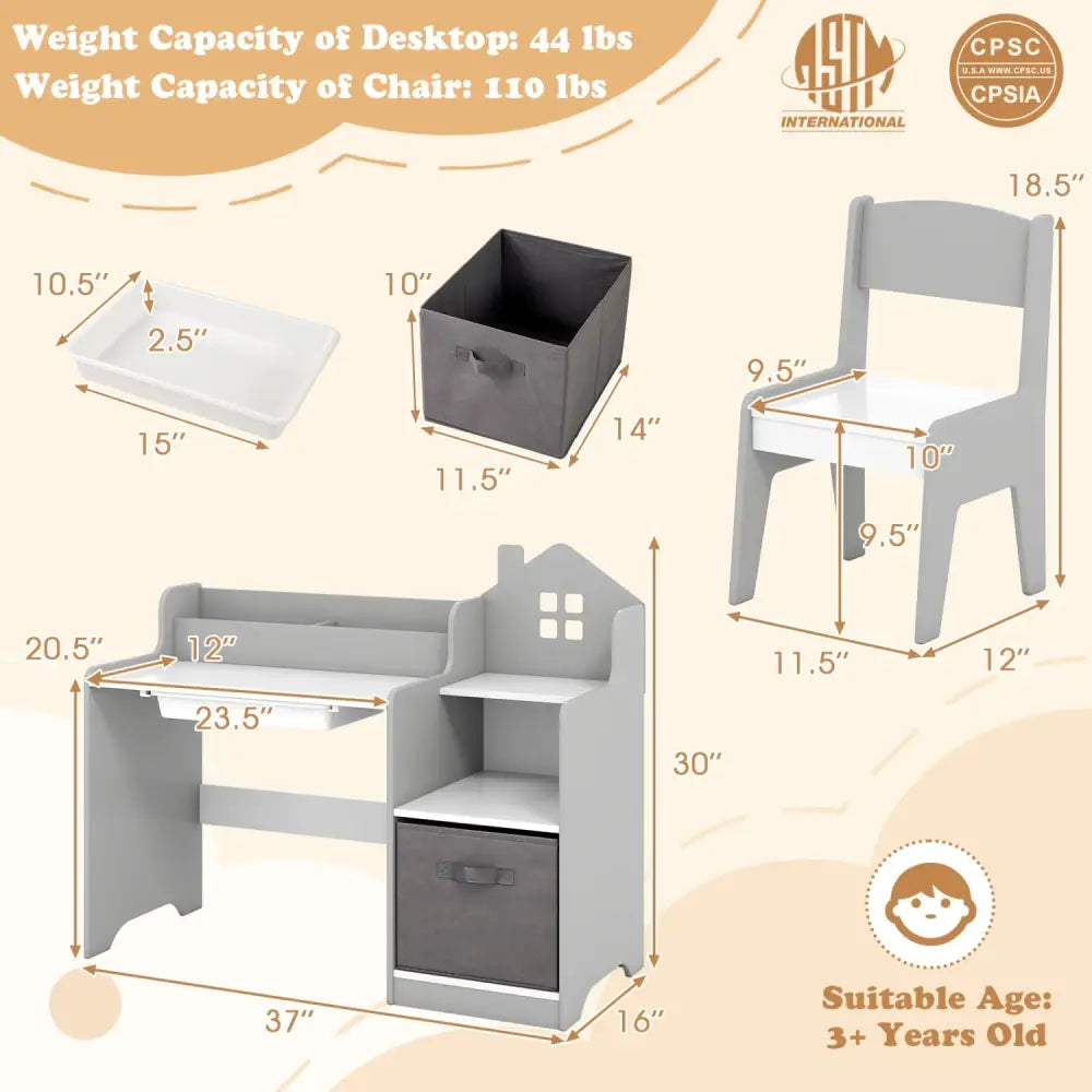 Kids Study Desk and Chair Set with Open Shelves Drawer and Fabric Storage Bin-Gray - Gray - Kids Table & Chair Sets