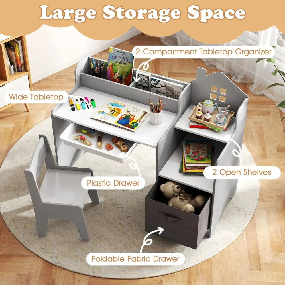 Kids Study Desk and Chair Set with Open Shelves Drawer and Fabric Storage Bin-Gray - Gray - Kids Table & Chair Sets