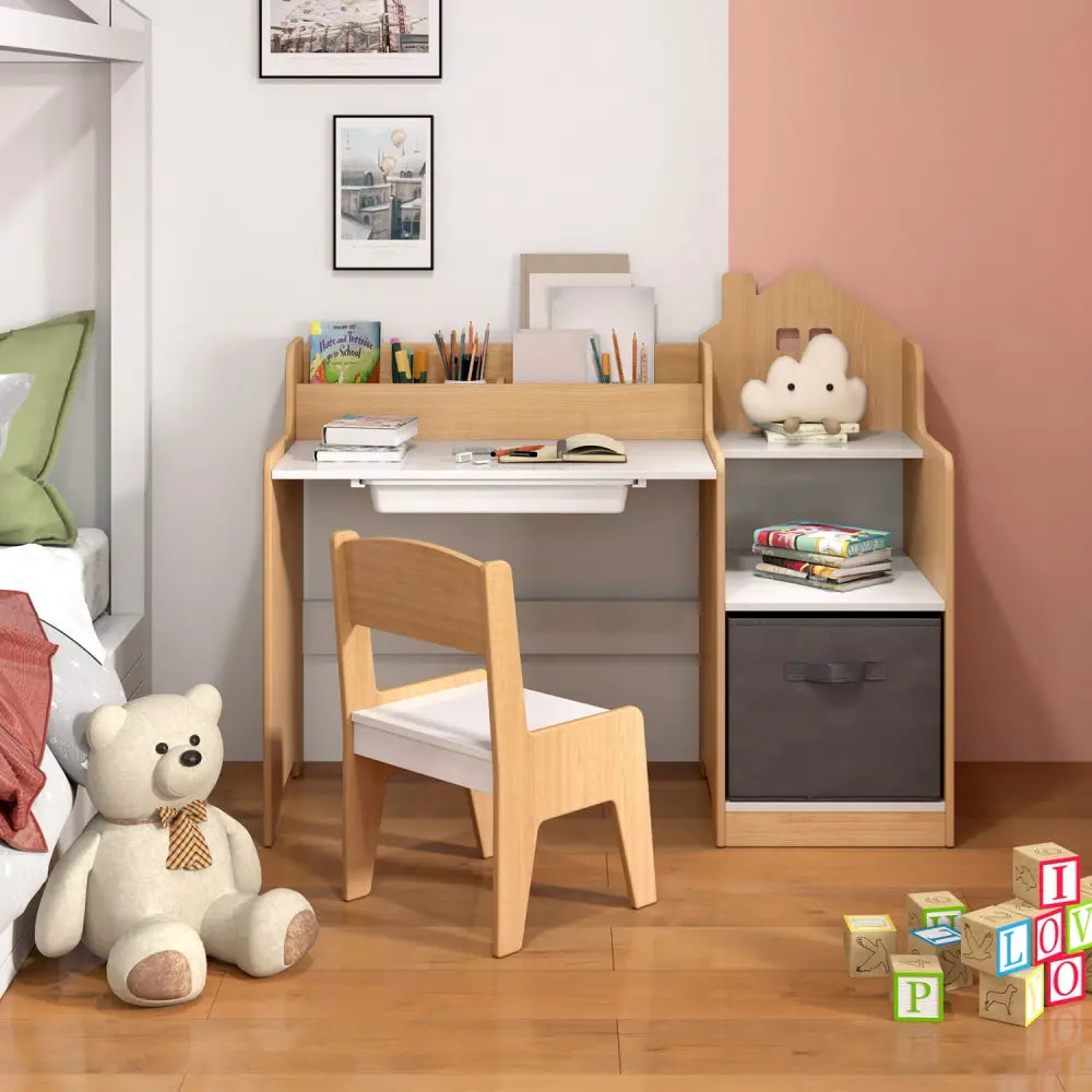 Kids Study Desk and Chair Set with Open Shelves Drawer and Fabric Storage Bin-Natural - Natural - Kids Table & Chair