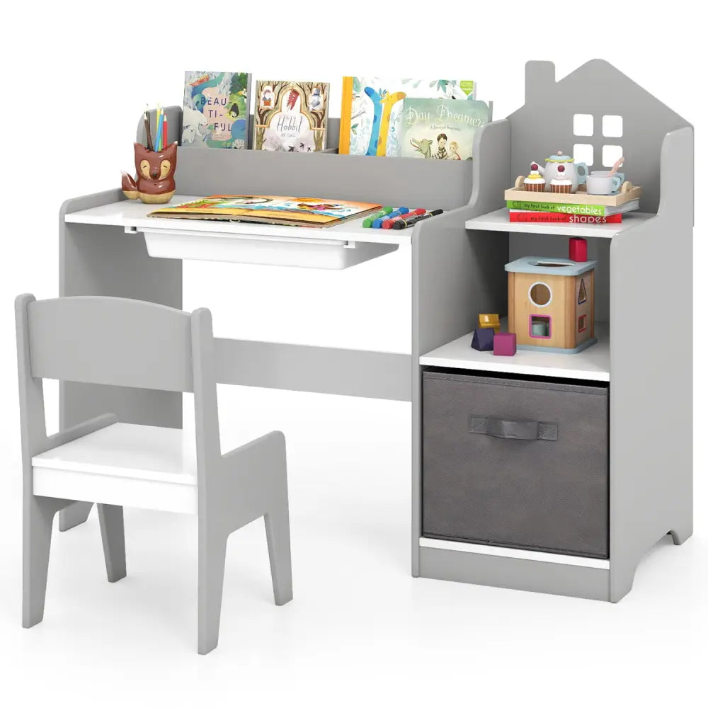 Kids Study Desk and Chair Set with Open Shelves Drawer and Fabric Storage Bin-Gray - Gray - Kids Table & Chair Sets