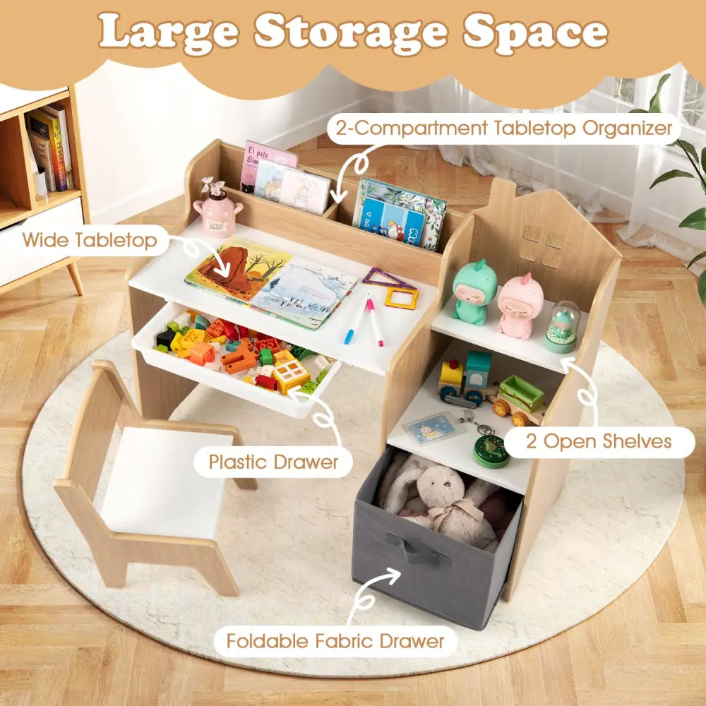 Kids Study Desk and Chair Set with Open Shelves Drawer and Fabric Storage Bin-Natural - Natural - Kids Table & Chair