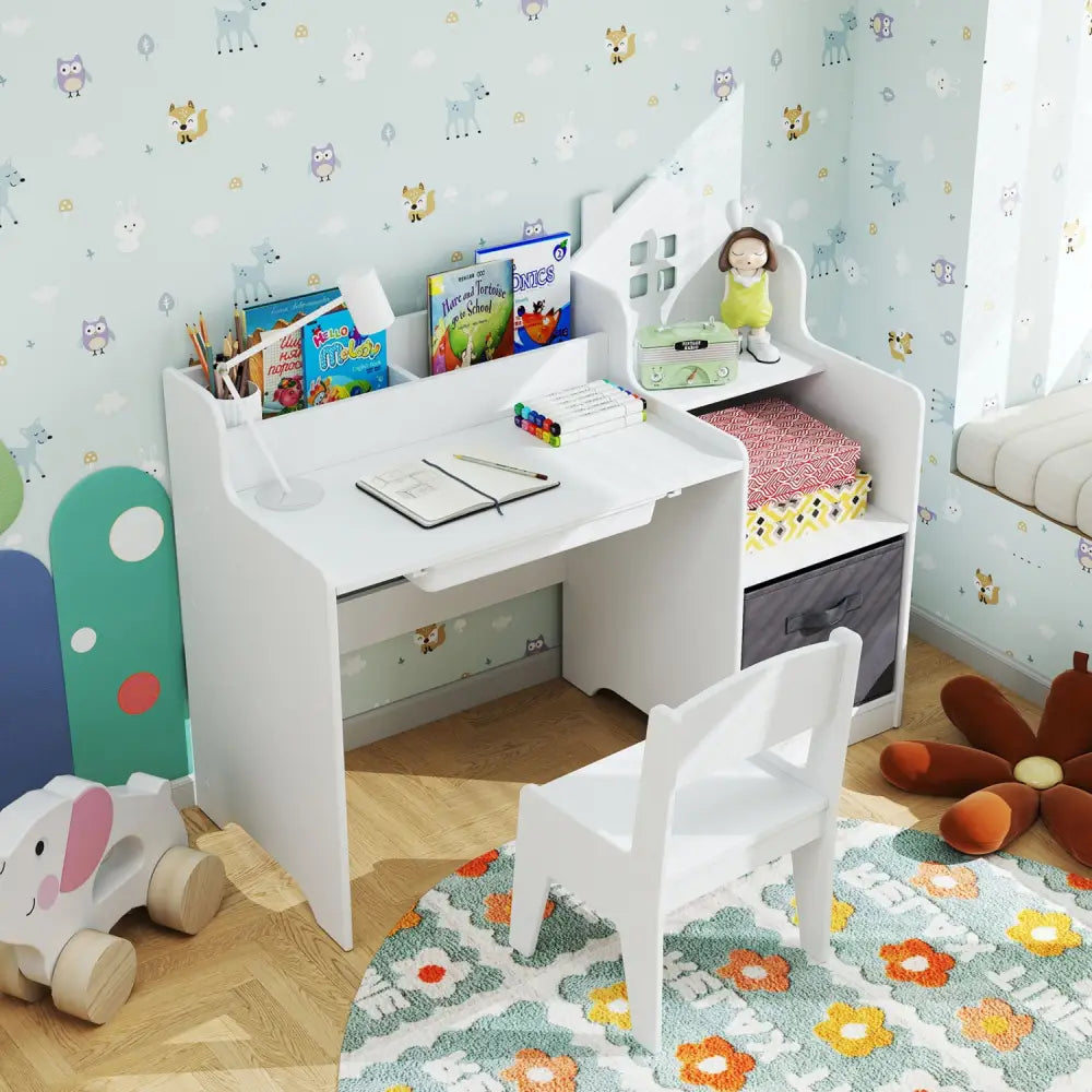 Kids Study Desk and Chair Set with Open Shelves Drawer and Fabric Storage Bin-White - White - Kids Table & Chair Sets