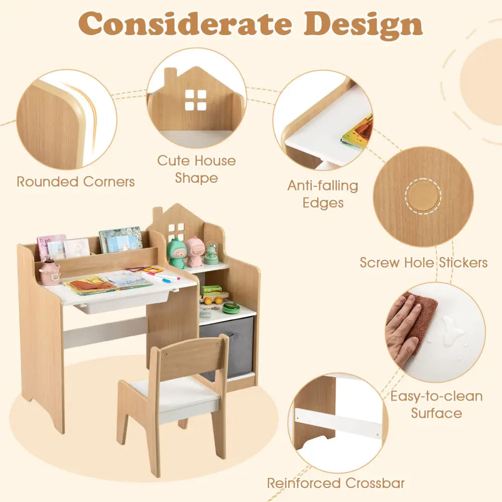 Kids Study Desk and Chair Set with Open Shelves Drawer and Fabric Storage Bin-Natural - Natural - Kids Table & Chair