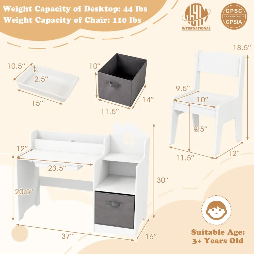 Kids Study Desk and Chair Set with Open Shelves Drawer and Fabric Storage Bin-White - White - Kids Table & Chair Sets