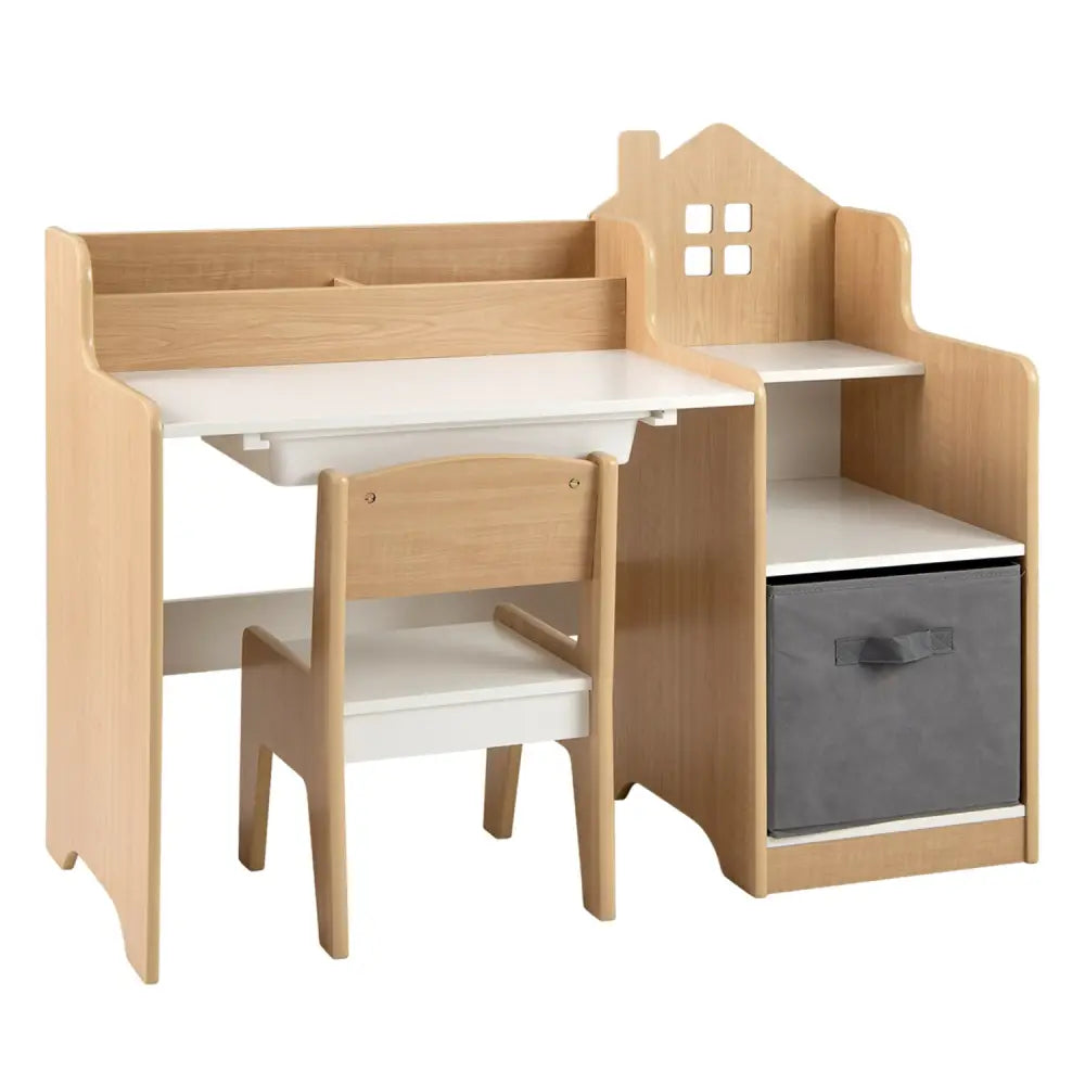 Kids Study Desk and Chair Set with Open Shelves Drawer and Fabric Storage Bin-Natural - Natural - Kids Table & Chair