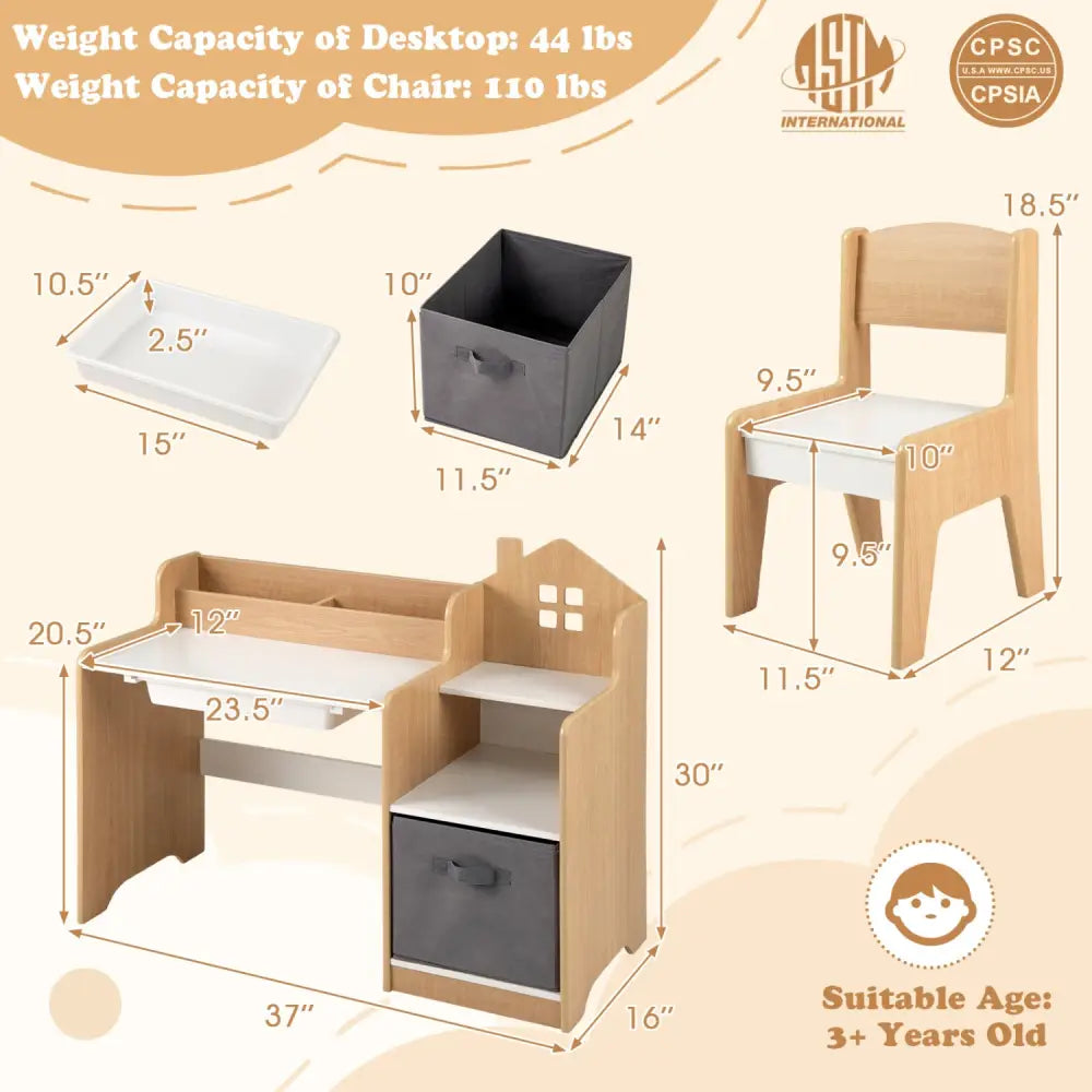 Kids Study Desk and Chair Set with Open Shelves Drawer and Fabric Storage Bin-Natural - Natural - Kids Table & Chair