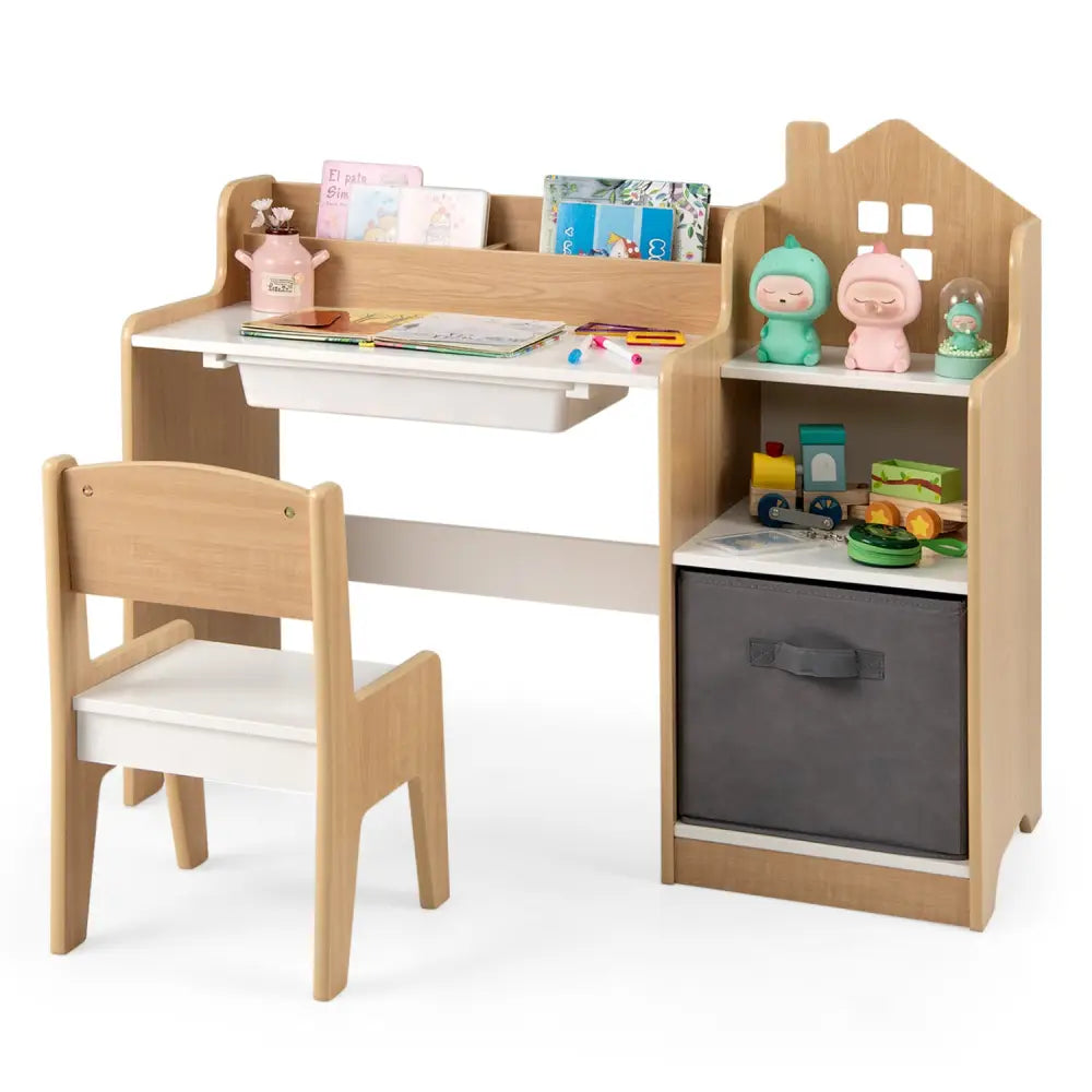Kids Study Desk and Chair Set with Open Shelves Drawer and Fabric Storage Bin-Natural - Natural - Kids Table & Chair