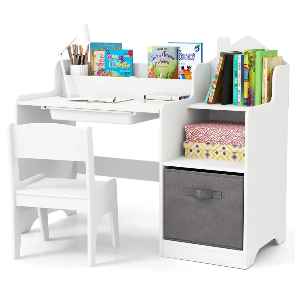 Kids Study Desk and Chair Set with Open Shelves Drawer and Fabric Storage Bin-White - White - Kids Table & Chair Sets