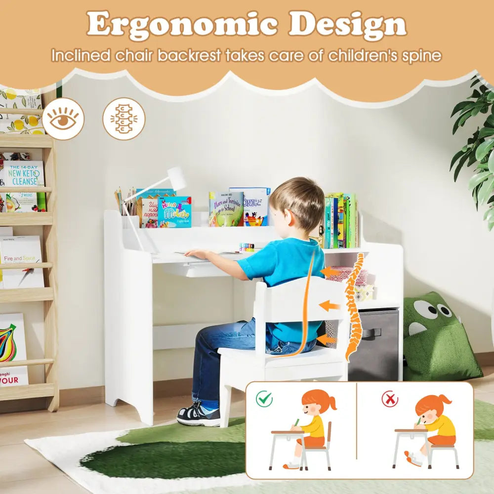 Kids Study Desk and Chair Set with Open Shelves Drawer and Fabric Storage Bin-White - White - Kids Table & Chair Sets