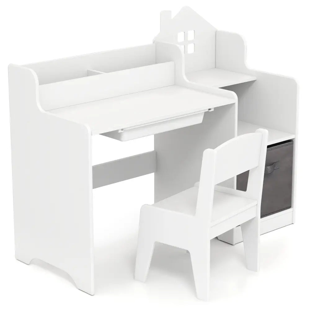 Kids Study Desk and Chair Set with Open Shelves Drawer and Fabric Storage Bin-White - White - Kids Table & Chair Sets
