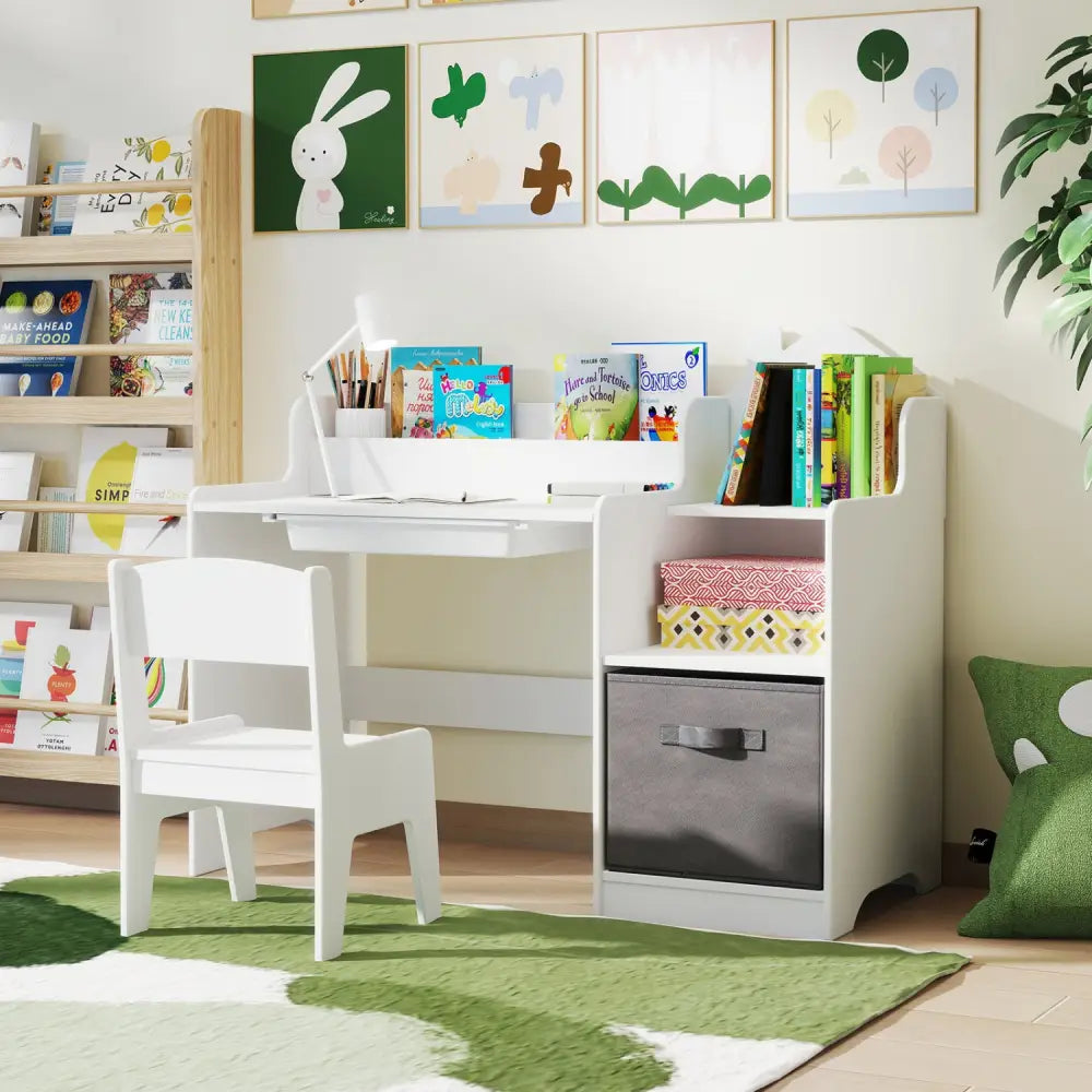 Kids Study Desk and Chair Set with Open Shelves Drawer and Fabric Storage Bin-White - White - Kids Table & Chair Sets