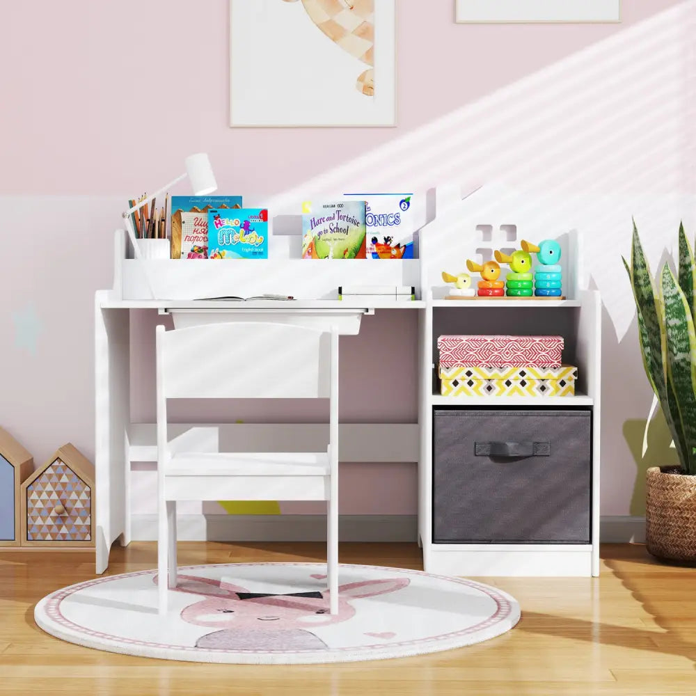 Kids Study Desk and Chair Set with Open Shelves Drawer and Fabric Storage Bin-White - White - Kids Table & Chair Sets