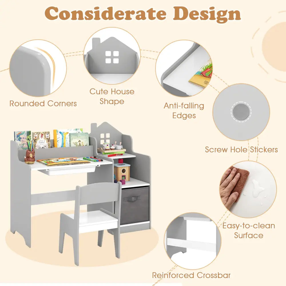 Kids Study Desk and Chair Set with Open Shelves Drawer and Fabric Storage Bin-Gray - Gray - Kids Table & Chair Sets