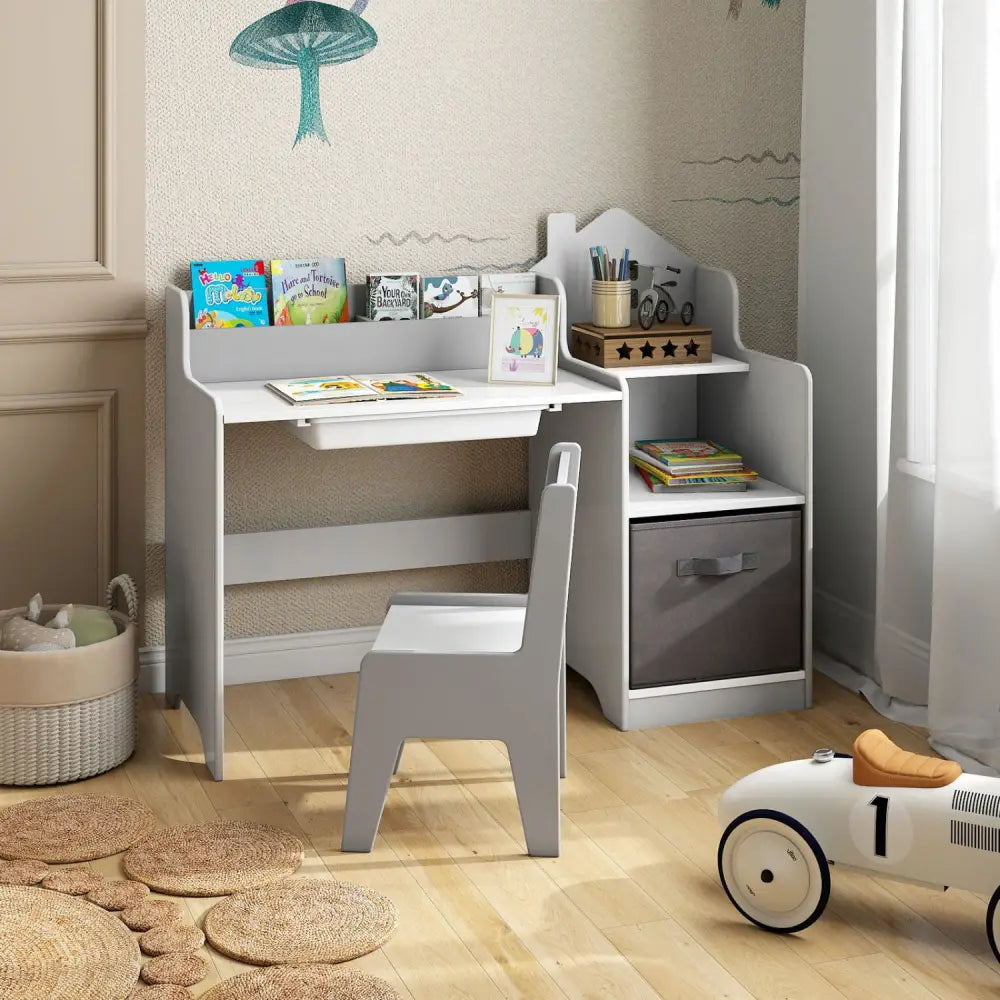 Kids Study Desk and Chair Set with Open Shelves Drawer and Fabric Storage Bin-Gray - Gray - Kids Table & Chair Sets