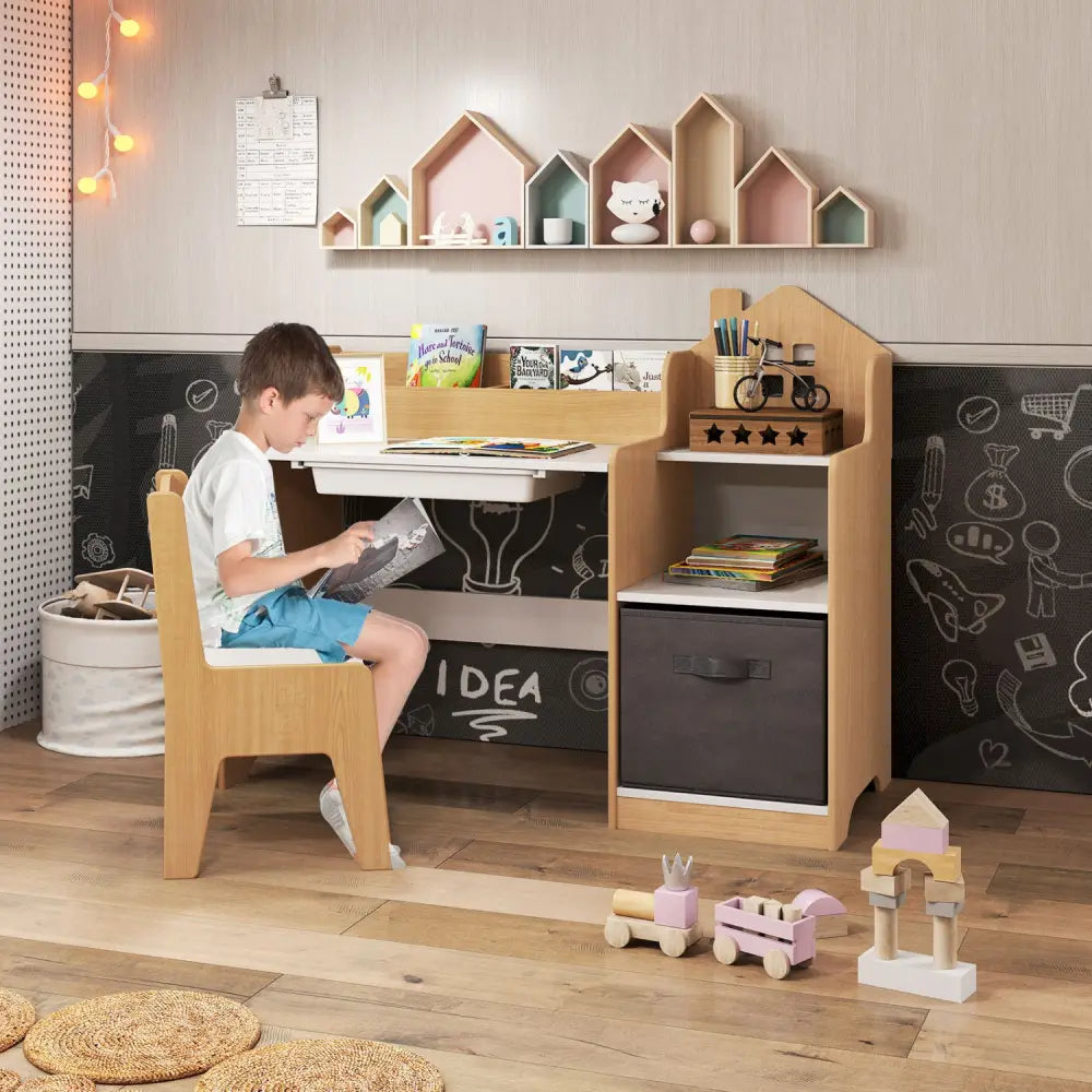 Kids Study Desk and Chair Set with Open Shelves Drawer and Fabric Storage Bin-Natural - Natural - Kids Table & Chair
