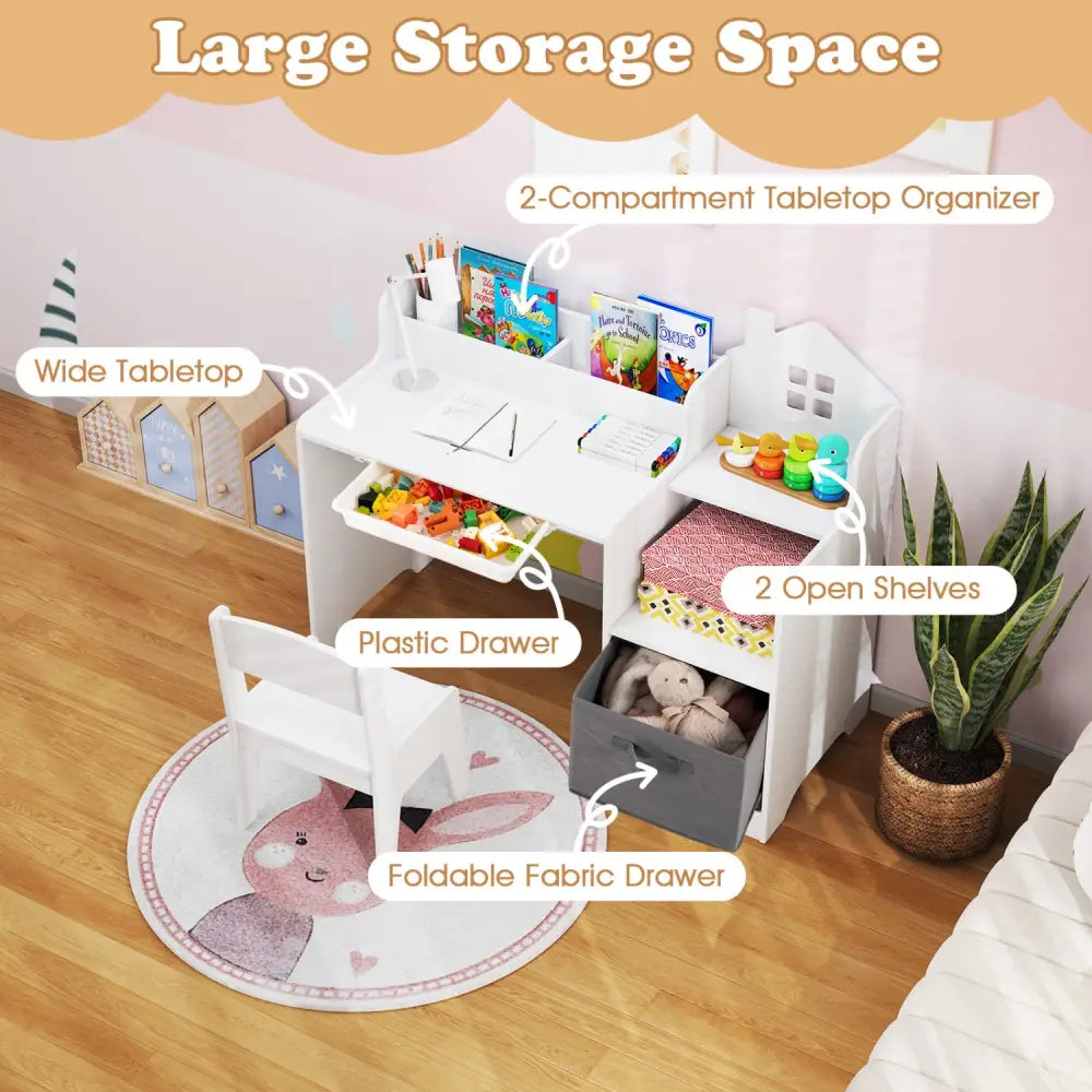 Kids Study Desk and Chair Set with Open Shelves Drawer and Fabric Storage Bin-White - White - Kids Table & Chair Sets