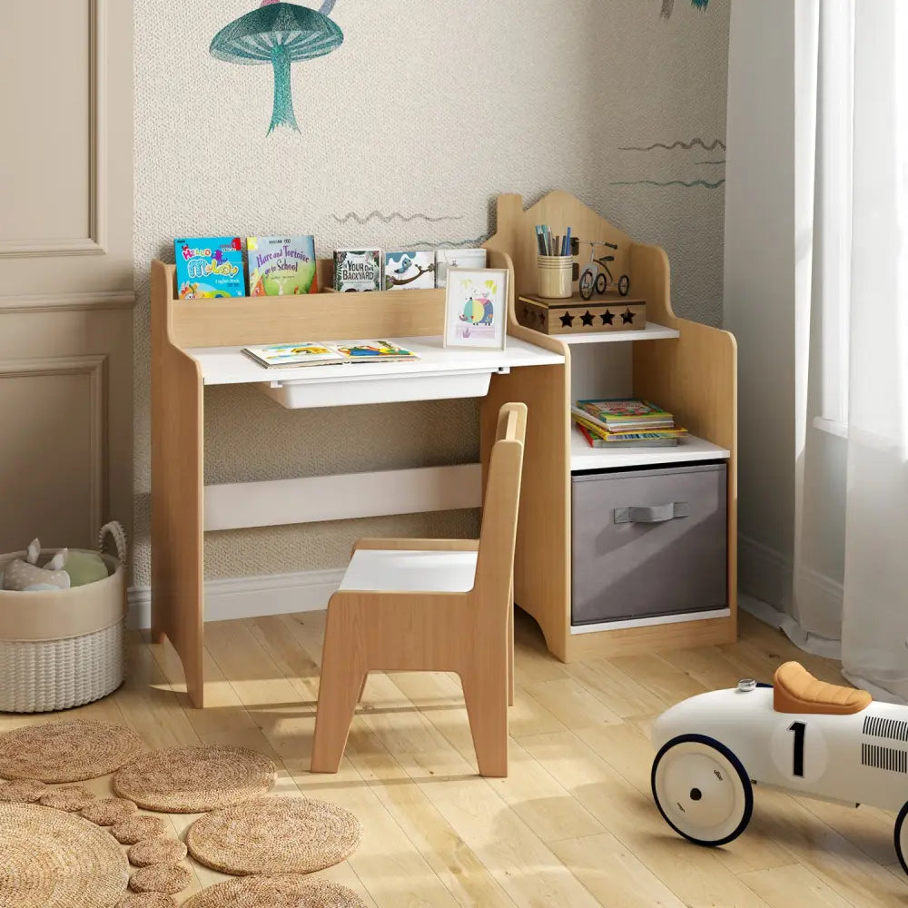 Kids Study Desk and Chair Set with Open Shelves Drawer and Fabric Storage Bin-Natural - Natural - Kids Table & Chair