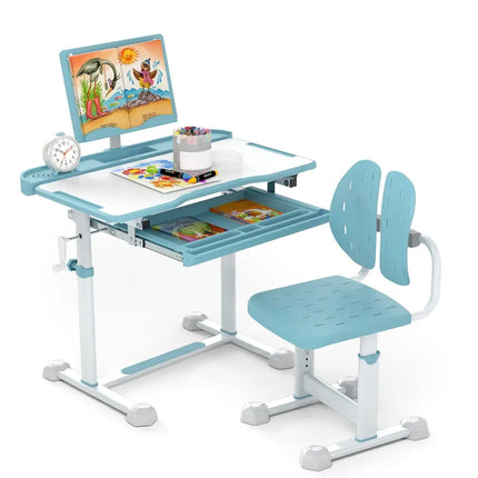 Kid’s Study Desk and Chair Set with Tilt Desktop and Book Stand-Blue - Blue - Kids Table & Chair Sets