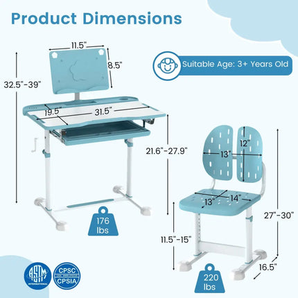 Kid’s Study Desk and Chair Set with Tilt Desktop and Book Stand-Blue - Blue - Kids Table & Chair Sets