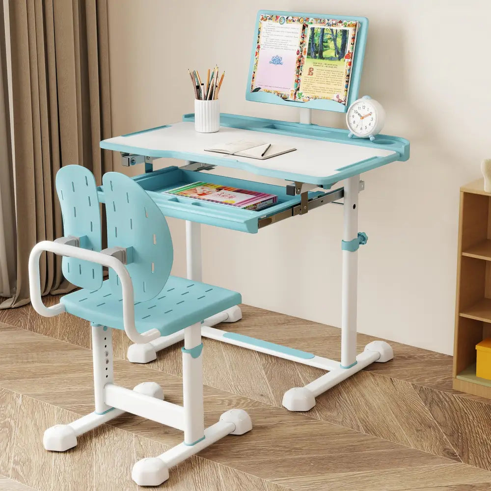 Kid’s Study Desk and Chair Set with Tilt Desktop and Book Stand-Blue - Blue - Kids Table & Chair Sets