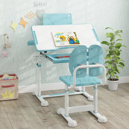 Kid’s Study Desk and Chair Set with Tilt Desktop and Book Stand-Blue - Blue - Kids Table & Chair Sets