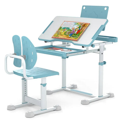 Kid’s Study Desk and Chair Set with Tilt Desktop and Book Stand-Blue - Blue - Kids Table & Chair Sets