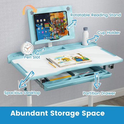 Kid’s Study Desk and Chair Set with Tilt Desktop and Book Stand-Blue - Blue - Kids Table & Chair Sets