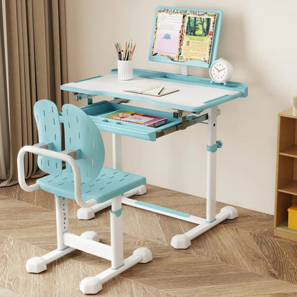 Kid’s Study Desk and Chair Set with Tilt Desktop and Book Stand-Blue - Blue - Kids Table & Chair Sets