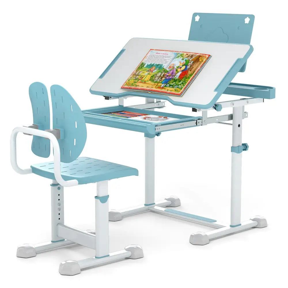 Kid’s Study Desk and Chair Set with Tilt Desktop and Book Stand-Blue - Blue - Kids Table & Chair Sets