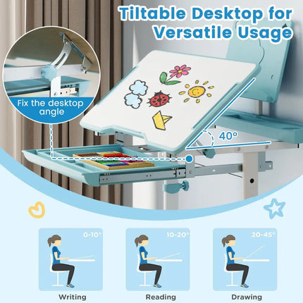 Kid’s Study Desk and Chair Set with Tilt Desktop and Book Stand-Blue - Blue - Kids Table & Chair Sets