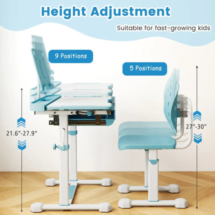 Kid’s Study Desk and Chair Set with Tilt Desktop and Book Stand-Blue - Blue - Kids Table & Chair Sets