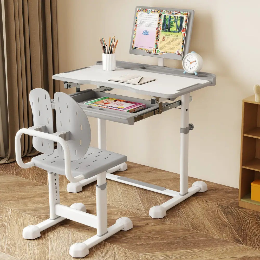 Kid’s Study Desk and Chair Set with Tilt Desktop and Book Stand-Gray - Gray - Kids Table & Chair Sets