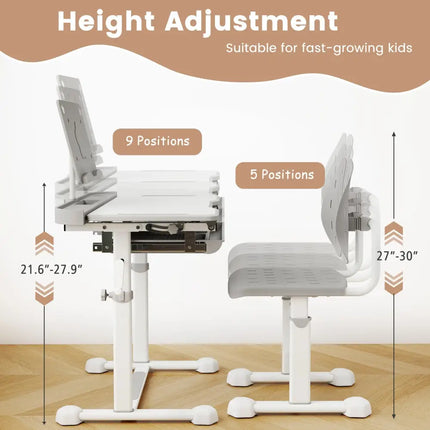 Kid’s Study Desk and Chair Set with Tilt Desktop and Book Stand-Gray - Gray - Kids Table & Chair Sets
