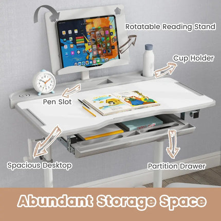 Kid’s Study Desk and Chair Set with Tilt Desktop and Book Stand-Gray - Gray - Kids Table & Chair Sets