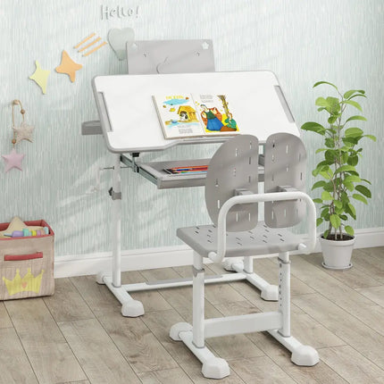 Kid’s Study Desk and Chair Set with Tilt Desktop and Book Stand-Gray - Gray - Kids Table & Chair Sets